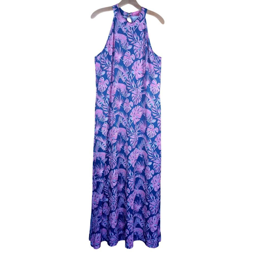 Simply Southern Tropical Palm Leaf Halter Maxi Dress Blue Pink Resort Beach L - Picture 4 of 9